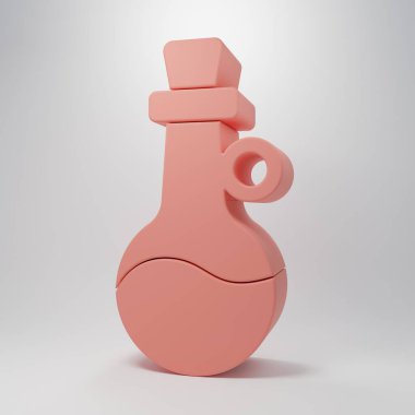 Pembe arka planda izole edilmiş pembe zeytinyağı ikonu. Zeytinyağı ikonlu sürahi. Minimalizm kavramı. 3 Boyutlu resimleme.