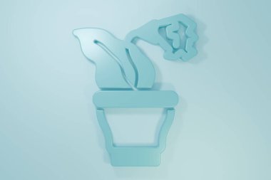 Mavi arkaplanda mavi çiçek ikonu izole edildi. Tencerede yetişen bir bitki. Saksı bitkisi işareti. Minimalizm kavramı. 3 Boyutlu resimleme .