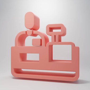 Kasadaki pembe kasiyer pembe arka planda izole edilmiş süpermarket ikonu. Tezgahtar, kasiyer süpermarket üniformasıyla kasada duruyor. Minimalizm kavramı. 3 Boyutlu resimleme .