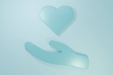 Mavi Kalp mavi arka planda izole edildi. El çabukluğu aşk sembolü. Sevgililer Günü sembolü. Minimalizm kavramı. 3 Boyutlu resimleme.