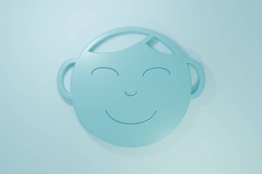 Mavi Mutlu küçük çocuk baş simgesi mavi arka planda izole edilmiş. Erkek bebeğin yüzü. Minimalizm kavramı. 3 Boyutlu resimleme.