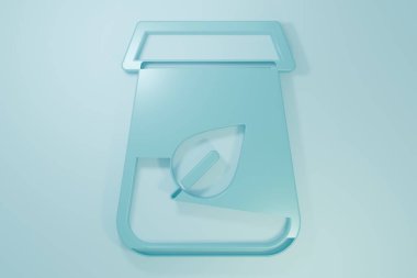 Mavi çay paketleme simgesi mavi arkaplanda izole edildi. Çayla birlikte kağıt poşet. Minimalizm kavramı. 3 Boyutlu resimleme.