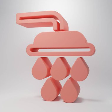 Pembe duş başlığında pembe zemin üzerinde su damlaları akan ikon izole edilmiş. Minimalizm kavramı. 3 Boyutlu resimleme.