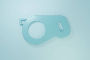Mavi kablo tasması ve mavi arka planda izole edilmiş karabina simgesi. Evcil köpek liderliği. Açık hava yürüyüşü için hayvan aksesuarı. Minimalizm kavramı. 3 Boyutlu resimleme.