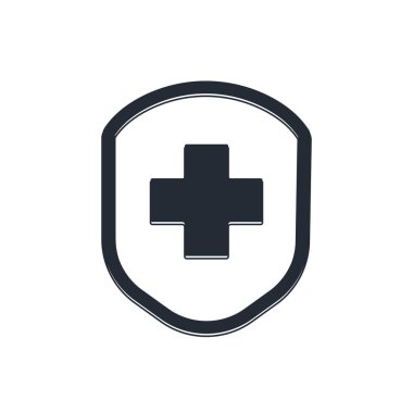 Beyaz arka planda çapraz ikonu olan siyah tıbbi kalkan. Koruma, güvenlik, şifre güvenliği. Vektör.