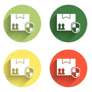 Kalkan simgesi ile uzun gölgeli bir paket güvenliği ayarlayın. Teslimat sigortası. Kalkanın ötesinde sigorta kutuları var. Renkli daire düğmesi. Vektör.