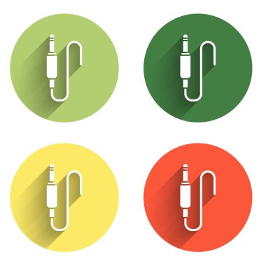 Ses kriko simgesini uzun gölge arkaplanı ile izole et. Bağlantı ses ekipmanları için ses kablosu. Fiş kablosu. Müzik aleti. Renkli daire düğmesi. Vektör.