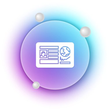 Beyaz arka planda vize damgası simgesi olan beyaz pasaport. Kimlik Belgesi. Mavi ve mor eğimli çember arkaplan. Vektör.