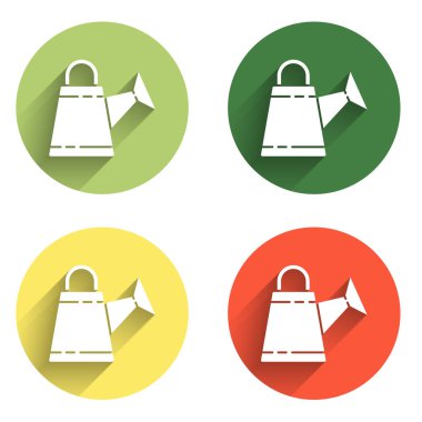 Su Kutusu simgesini uzun gölge arkaplanı ile izole et. Sulama sembolü. Renkli daire düğmesi. Vektör.