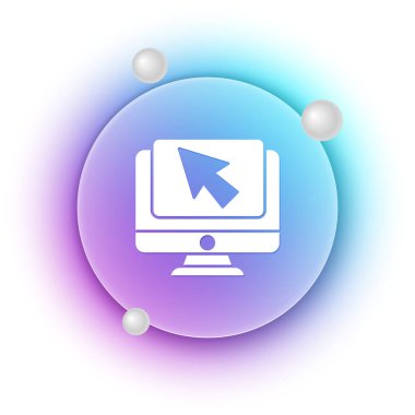 Beyaz Bilgisayar monitörü ve imleç simgesi beyaz arkaplanda izole edildi. Boş ekran işaretli bilgisayar defteri. Mavi ve mor eğimli çember arkaplan. Vektör.