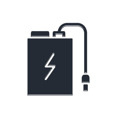 Beyaz arka planda farklı şarj kablosu simgesi olan siyah güç bankası. Taşınabilir şarj cihazı. Vektör.