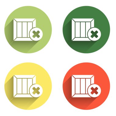 Tahta kutuyu ayarla ve uzun gölge arkaplan ile izole edilmiş simgeyi sil. Kutu, paket, paket işareti. Teslimat ve ambalaj. Renkli daire düğmesi. Vektör.