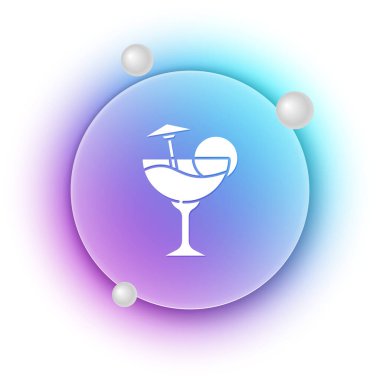 Beyaz arka planda izole edilmiş şemsiye ikonlu beyaz kokteyl ve alkol içeceği. Mavi ve mor eğimli çember arkaplan. Vektör.