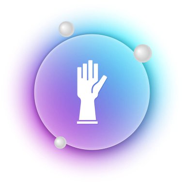 Beyaz plastik eldiven ikonu beyaz arka planda izole edildi. Lateks el koruması işareti. Ev işi temizlik ekipmanları sembolü. Mavi ve mor eğimli çember arkaplan. Vektör.