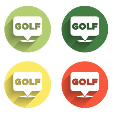 Golf etiketi simgesini uzun gölge arkaplanı ile izole et. Renkli daire düğmesi. Vektör.
