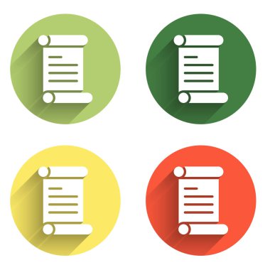 Kararname, kağıt, parşömen, parşömen simgesi uzun gölge arkaplanı ile izole edilmiş. Renkli daire düğmesi. Vektör.