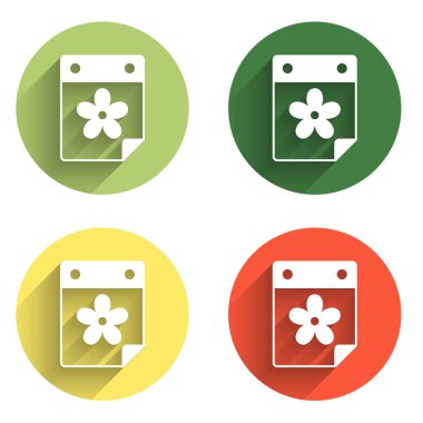 Takvimi, uzun gölge arkaplan ile izole edilmiş çiçek simgesi ile ayarla. Renkli daire düğmesi. Vektör.