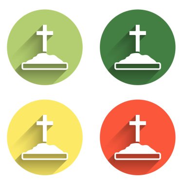 Grave 'i uzun gölge arkaplan ile izole edilmiş çapraz simge ile ayarla. Renkli daire düğmesi. Vektör.