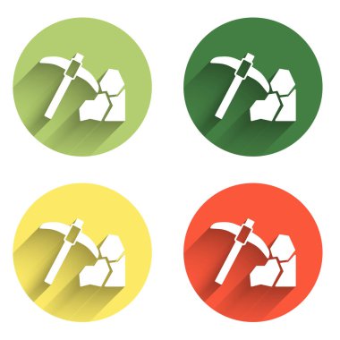 Altın madenciliği simgesini uzun gölgeli izole et. Renkli daire düğmesi. Vektör.