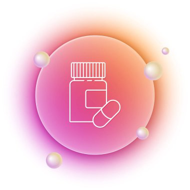 Beyaz ilaç şişesi ve beyaz arka planda izole edilmiş hap ikonu. Şişe hapı işareti. Eczane tasarımı. Turuncu ve pembe eğimli çember arka planı. Vektör.