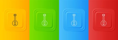 Beyaz Banjo simgesi renkli arkaplanda izole edildi. Müzik aleti. Kare düğmelere simgeleri yerleştir. Vektör.