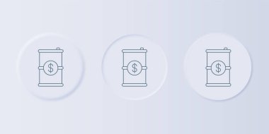 Gri arka planda dolar sembolü olan gri varil yağı. Kare düğmelere simgeleri yerleştir. Vektör.