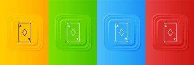 Renkli arka planda izole edilmiş elmas sembollü beyaz iskambil kartı. Kumarhane kumarı. Kare düğmelere simgeleri yerleştir. Vektör.