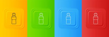 Renkli arka planda beyaz bir şişe ikon izole edilmiş. Soda su içme tabelası. Kare düğmelere simgeleri yerleştir. Vektör.