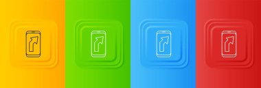 Şehir haritası yön bulma simgesinin beyaz bilgileri renkli arkaplanda izole edildi. Mobil Uygulama Arayüzü tasarımı. Coğrafi konsept. Kare düğmelere simgeleri yerleştir. Vektör.