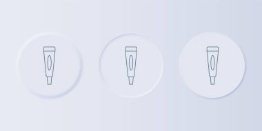 Gri arkaplanda gri krem ya da losyon kozmetik tüp ikonu var. Kadınlar için vücut bakım ürünleri. Kare düğmelere simgeleri yerleştir. Vektör.