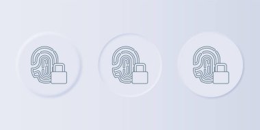 Gri arkaplanda kilit simgesi olan gri parmak izi. Kimlik uygulaması simgesi. Kimlik işareti. Kimliğe dokun. Kare düğmelere simgeleri yerleştir. Vektör.