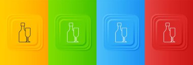 Renkli arka planda izole edilmiş cam ikonlu beyaz şarap şişesi. Kare düğmelere simgeleri yerleştir. Vektör.