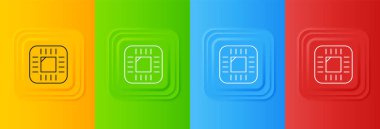 Mikro devre işlemci simgesine sahip beyaz bilgisayar işlemcisi renkli arkaplanda izole edildi. Devre kartlı çip ya da işlemci. Mikro işlemci. Kare düğmelere simgeleri yerleştir. Vektör.