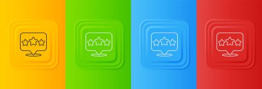 Beyaz 5 yıldızlı ürün değerlendirme simgesi renkli arkaplanda izole edildi. Favori, en iyi derecelendirme, ödül sembolü. Kare düğmelere simgeleri yerleştir. Vektör.