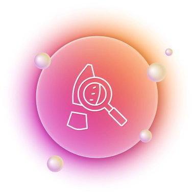 Beyaz arka planda izole edilmiş ayak izi simgesi olan beyaz büyüteç. Dedektif araştırıyor. Ayak izlerini takip etmek için. Turuncu ve pembe eğimli çember arka planı. Vektör.