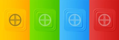 Renkli arka planda beyaz bisiklet tekerleği simgesi izole edildi. Bisiklet yarışı. Olağanüstü bir spor. Spor malzemeleri. Kare düğmelere simgeleri yerleştir. Vektör.