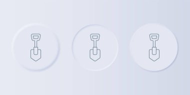 Gri arkaplanda gri kürek simgesi izole edildi. Bahçe aletleri. Bahçecilik, tarım, çiftçilik aleti. Kare düğmelere simgeleri yerleştir. Vektör.