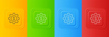 Renkli arka planda dolar sembolü olan beyaz dişli. İş ve finans kavramsal ikonu. Kare düğmelere simgeleri yerleştir. Vektör.