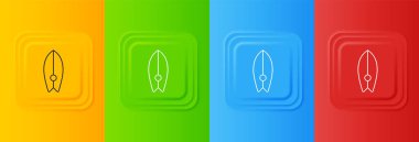 Beyaz sörf tahtası simgesi renkli arkaplanda izole edildi. Sörf tahtası. Olağanüstü bir spor. Spor malzemeleri. Kare düğmelere simgeleri yerleştir. Vektör.