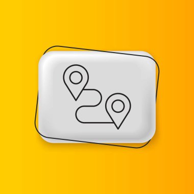 Siyah Yol konum simgesi sarı arkaplanda izole edildi. Harita işaretçisi işareti. Yol ya da yol kavramı. GPS navigatörü. Gümüş dikdörtgen düğme. Vektör.