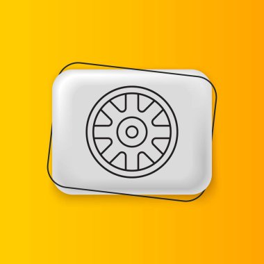 Sarı arka planda izole edilmiş araba simgesi için siyah alçı tekerleği. Gümüş dikdörtgen düğme. Vektör.