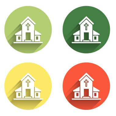 Kilise binası simgesini uzun gölgeli izole et. Hıristiyan Kilisesi. Kilisenin dini. Renkli daire düğmesi. Vektör.