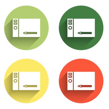 Grafik tablet simgesini uzun gölge arkaplanı ile izole et. Renkli daire düğmesi. Vektör.