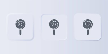 Gri arkaplanda gri lolipop simgesi izole edildi. Yemek, lezzetli bir sembol. Kare düğmelere simgeleri yerleştir. Vektör.