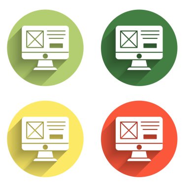 UI ya da UX tasarım simgesini uzun gölge arkaplanı ile izole et. Renkli daire düğmesi. Vektör.