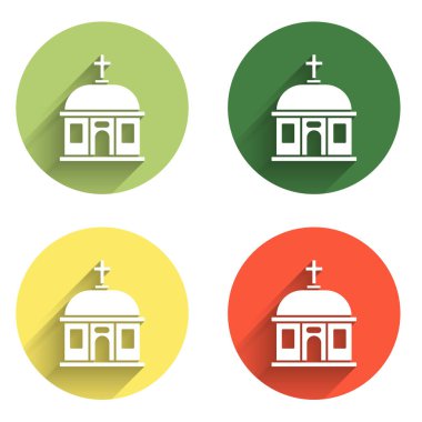 Santorini bina simgesini uzun gölge arkaplanlı izole et. Mavi çatıları olan geleneksel Yunan beyaz evleri Avrupa kültürü. Renkli daire düğmesi. Vektör.