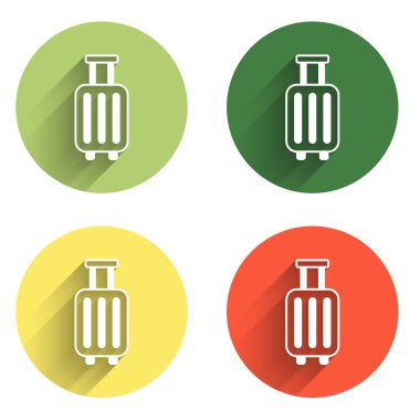 Seyahat simgesi için bavulu uzun gölge arkaplanı ile izole et. Seyahat bagaj tabelası. Seyahat bagaj ikonu. Renkli daire düğmesi. Vektör.