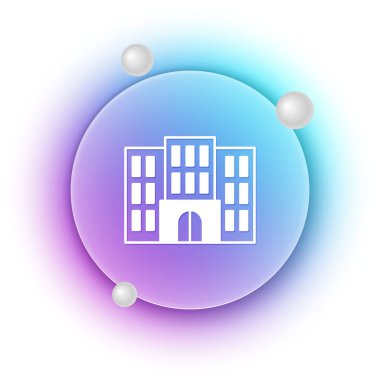 Beyaz otel binası ikonu beyaz arka planda izole edildi. Mavi ve mor eğimli çember arkaplan. Vektör.