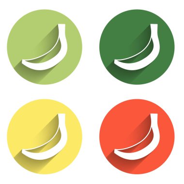 Muz simgesini uzun gölge arkaplanı ile izole et. Renkli daire düğmesi. Vektör.