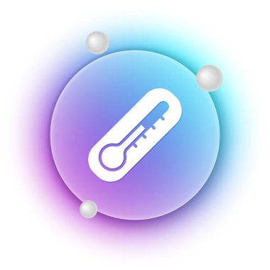 Beyaz meteoroloji termometresi beyaz zemin üzerinde izole edilmiş ısı ve soğuk ikonu ölçüyor. Termometre termometresi sıcak ya da soğuk hava gösteriyor. Mavi ve mor eğimli çember arkaplan. Vektör.